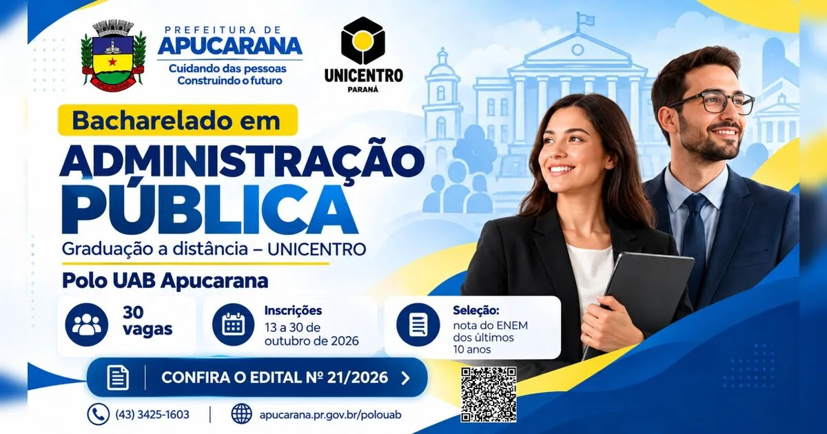 Unicentro abre 30 vagas para curso gratuito de Administração Pública em Apucarana