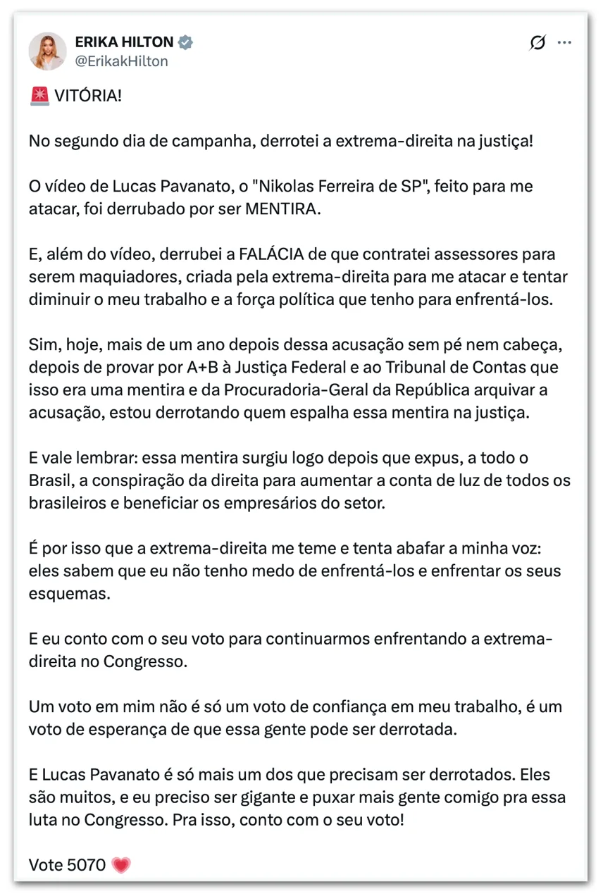 Justiça tira do ar vídeo em que candidato chama Erika Hilton de travesti