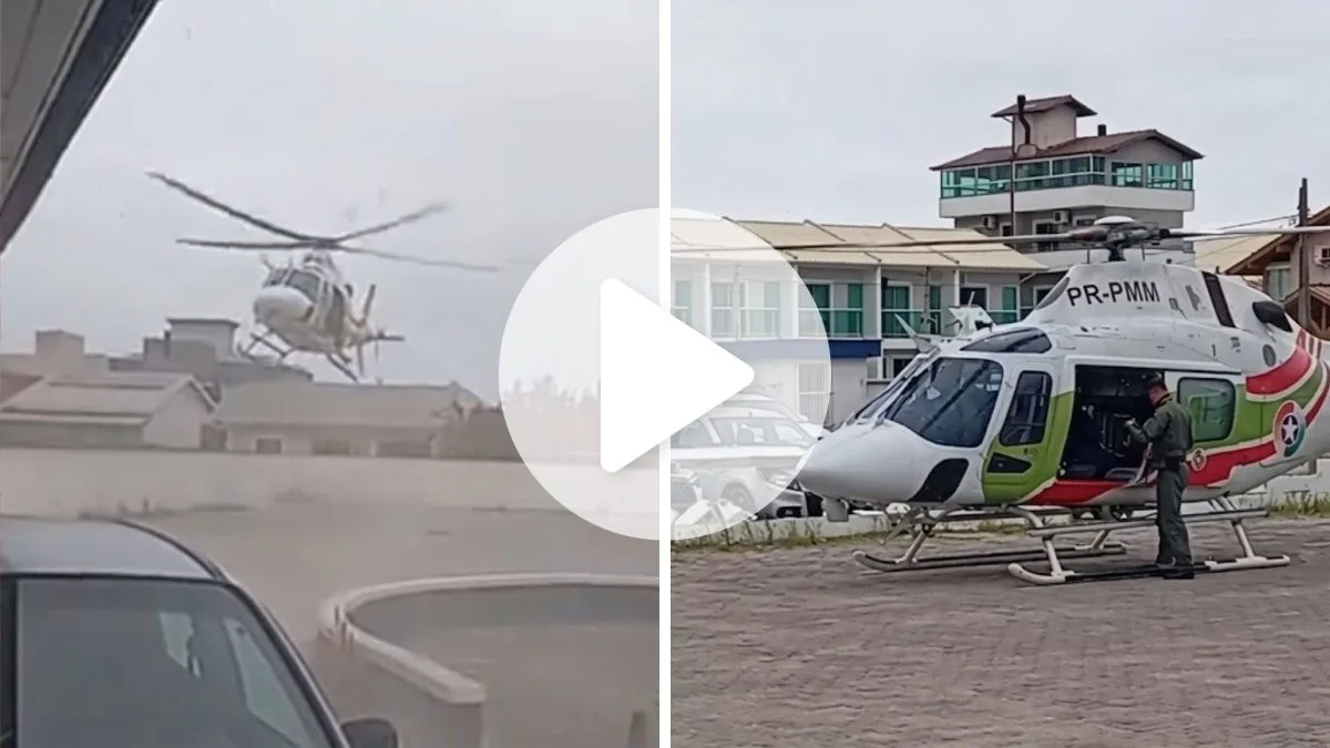 Vídeo mostra momento em que helicóptero derruba muro de UPA apenas com a força do vento das hélices em SC