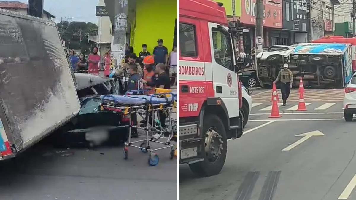 Caminhão tomba sobre carro em cruzamento na Serra; veja vídeo