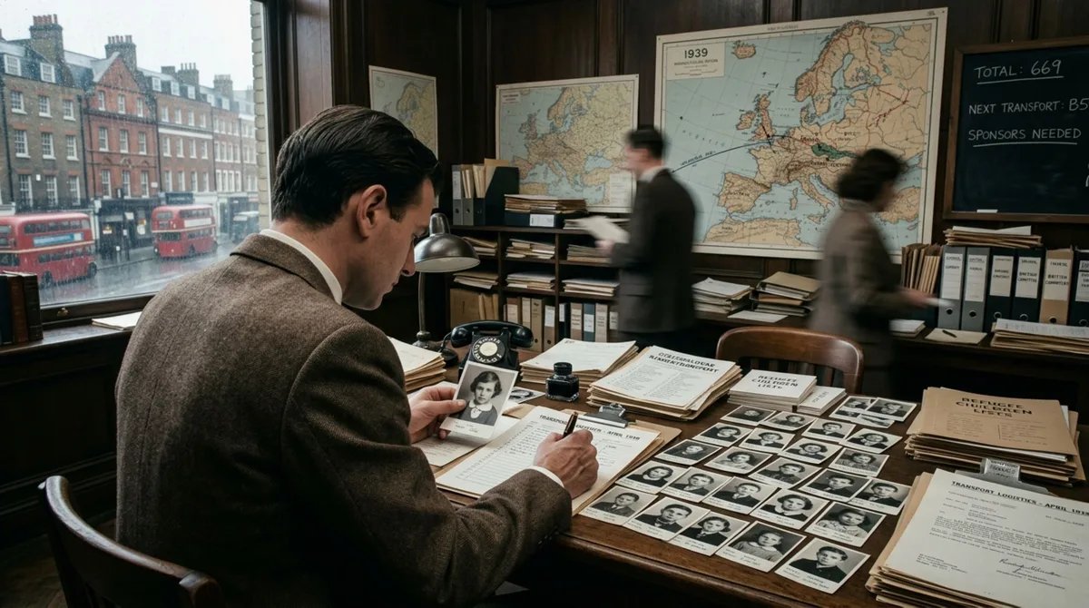 Corretor de 29 anos trocou férias de esqui por uma operação que retirou cerca de 669 crianças da Tchecoslováquia em 1939 porque Nicholas Winton levantou garantias de £50, encontrou famílias britânicas e organizou oito transportes antes da guerra fechar as fronteiras