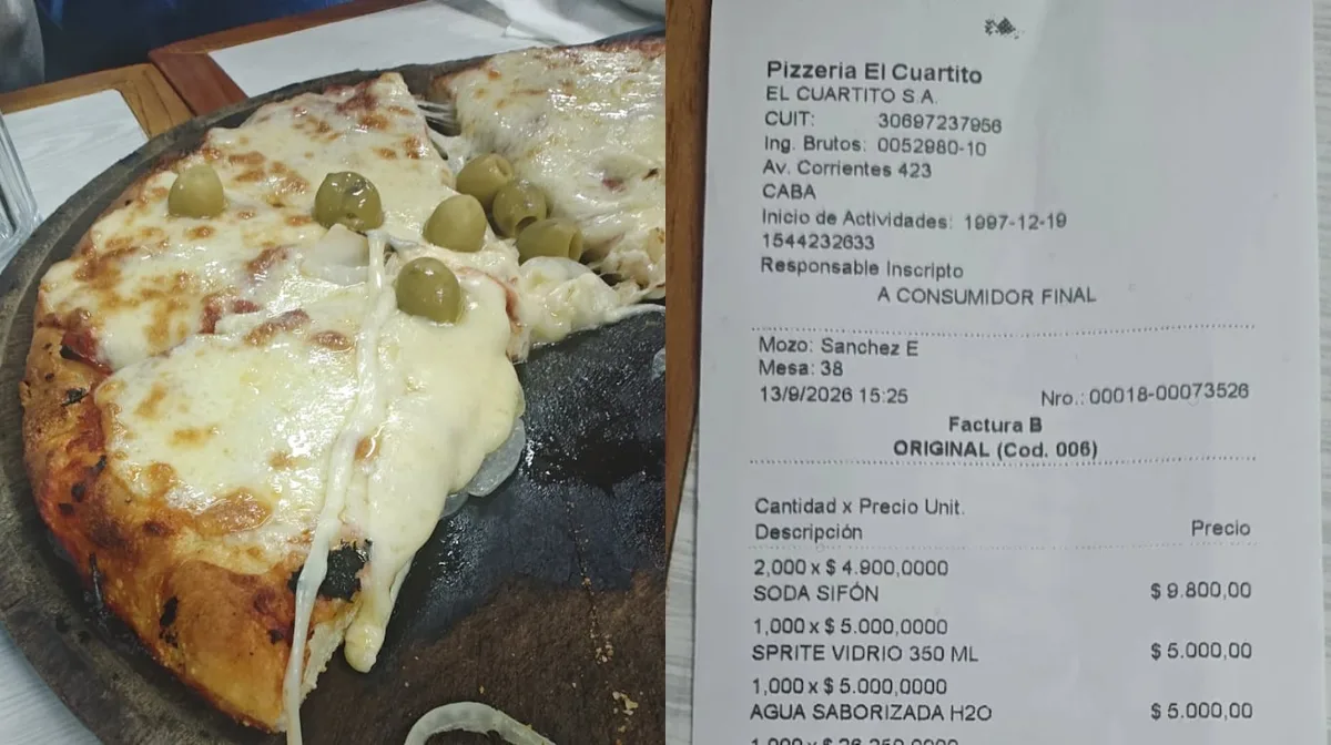 Fue a El Cuartito, pidió una pizza mitad fugazzeta mitad muzzarella, una de jamón y morrones y 4 bebidas: mostró el ticket final