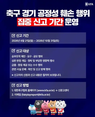 축구협회, 내달 31일까지 '경기 공정성 훼손 행위 집중 신고'