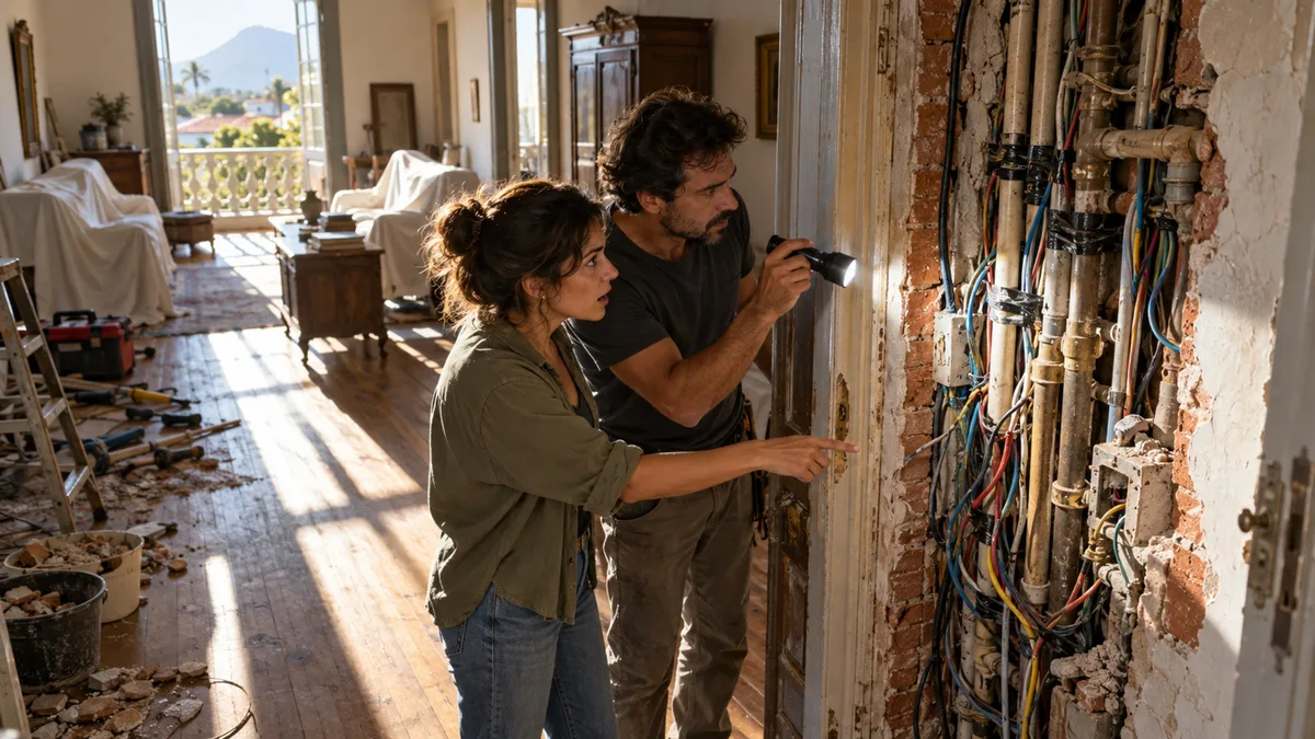 Casal compra casa antiga, remove uma porta sem uso e descobre que o batente escondia uma passagem técnica com fios e canos que seguem para outros cômodos