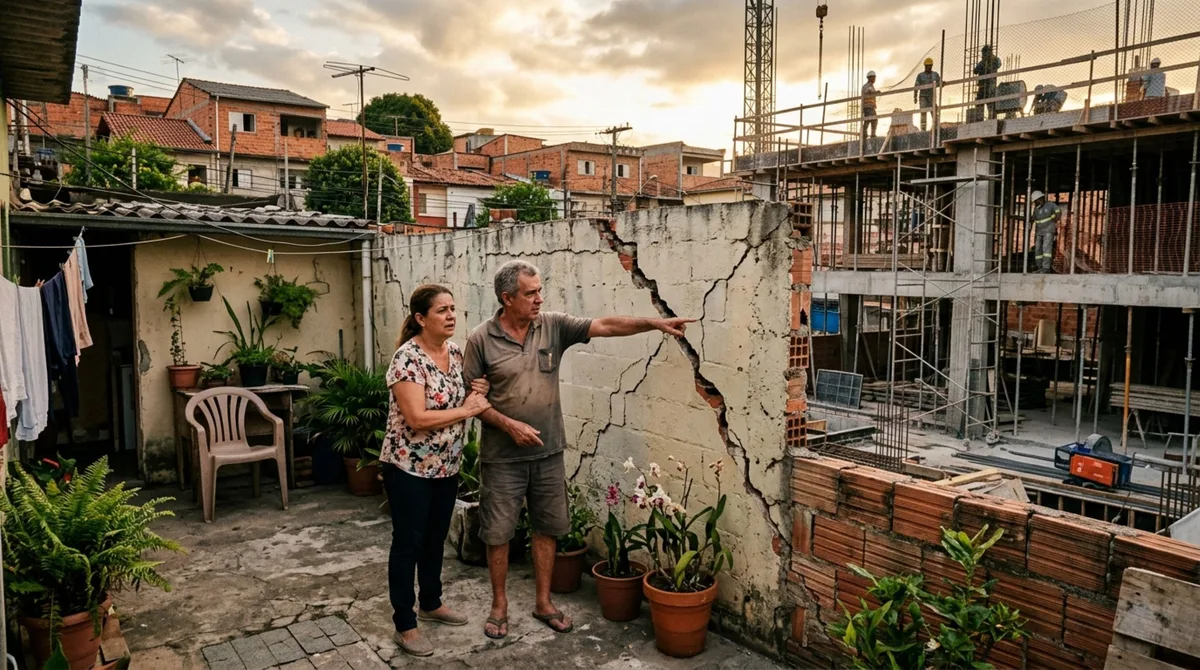 Casal passa férias fora e, ao voltar, descobre que obra do vizinho deixou muro divisório com rachaduras, ele exige reparo antes que estrutura apresente risco