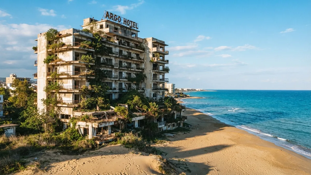 Hotéis e prédios de um antigo resort mediterrâneo ficaram vazios depois de 1974, criando uma faixa urbana interrompida onde o tempo parece ter parado perto da praia