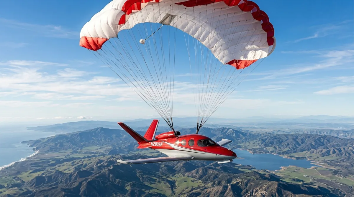 Salve o avião inteiro puxando uma alavanca que lança um paraquedas gigante em uma emergência no ar
