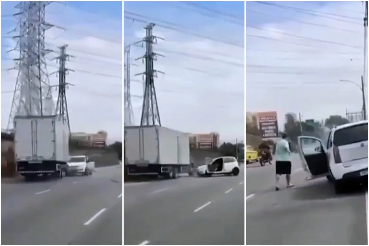Caminhão arrasta carro após briga de trânsito em viaduto no Rio