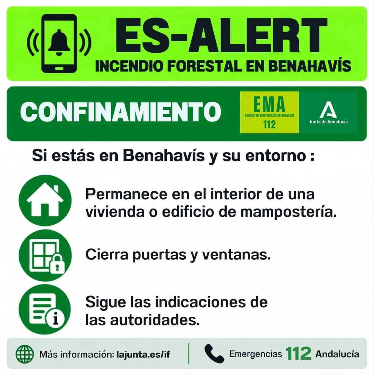 La EMA envía un mensaje ES-Alert a la población de Benahavís ante la evolución del incendio forestal
