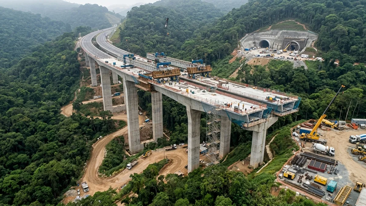 Com 44 pontes, 63 viadutos e sete túneis duplos, uma estrada de 44 km foi projetada para completar a rota de caminhões ao redor da maior cidade do Brasil