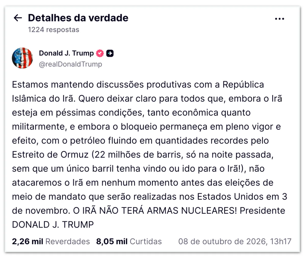 EUA não atacarão Irã antes de eleições do Congresso, diz Trump