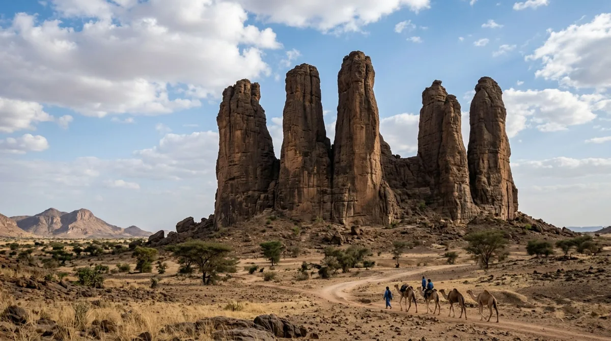 A formação rochosa onde gigantescas torres parecem uma mão surgindo da paisagem do Sahel