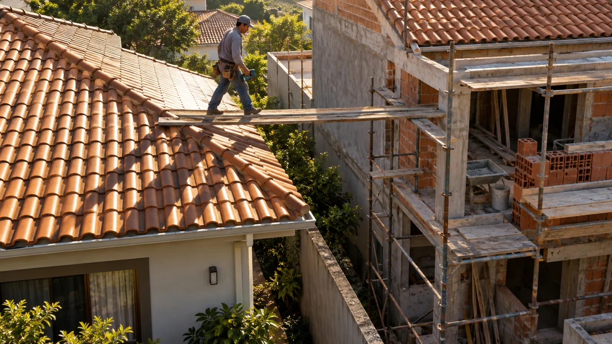 Pedreiros usam o telhado de outra casa para alcançar uma obra, e proprietária exige a retirada das tábuas colocadas sobre as telhas