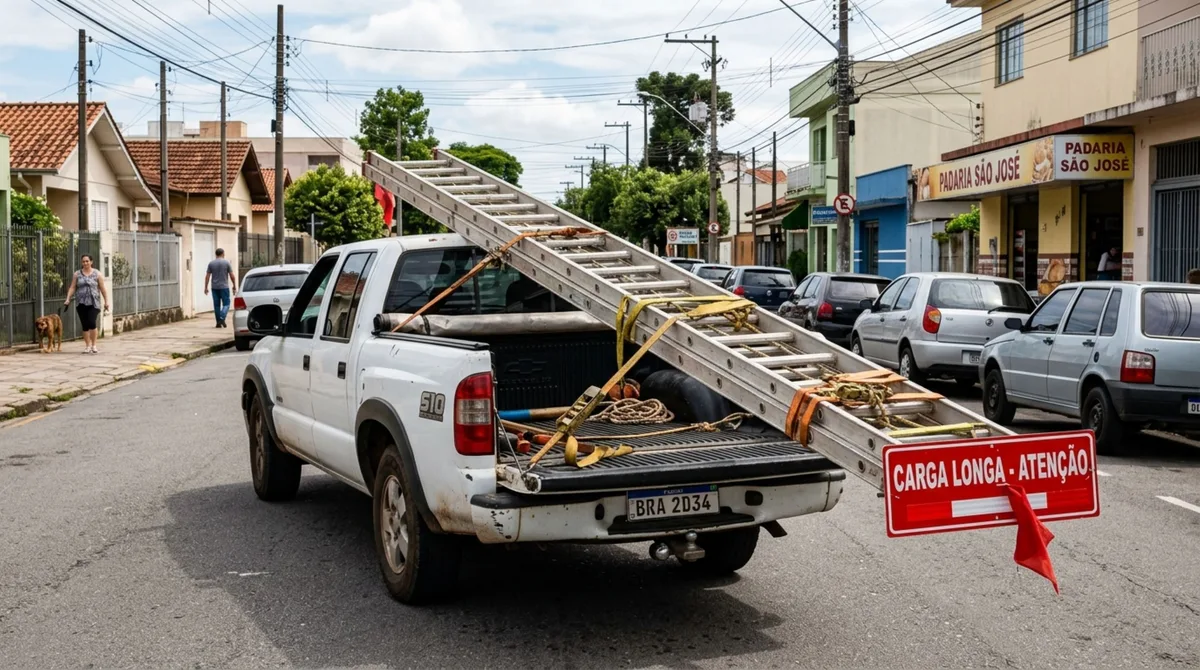 Motorista precisava transportar uma escada longa em uma caminhonete, ao tentar fechar a caçamba, percebe que a peça ultrapassa o compartimento, decide rodar com a tampa aberta e agentes explicam quando isso é permitido