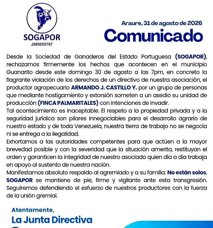 SOGAPOR denuncia hostigamiento e intento de invasión en finca del municipio Guanarito