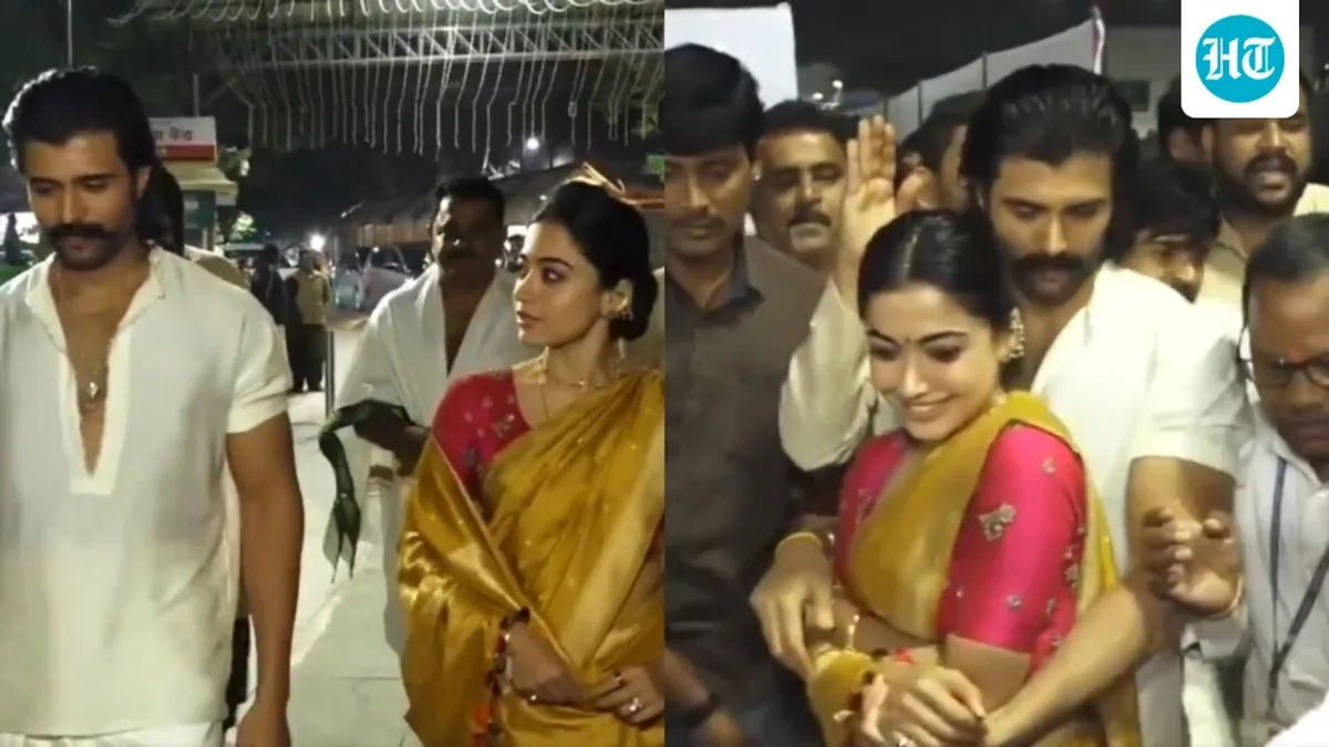 Vijay Deverakonda holds Rashmika Mandanna protectively as they're mobbed by fans in Tirumala ahead of Ranabaali release