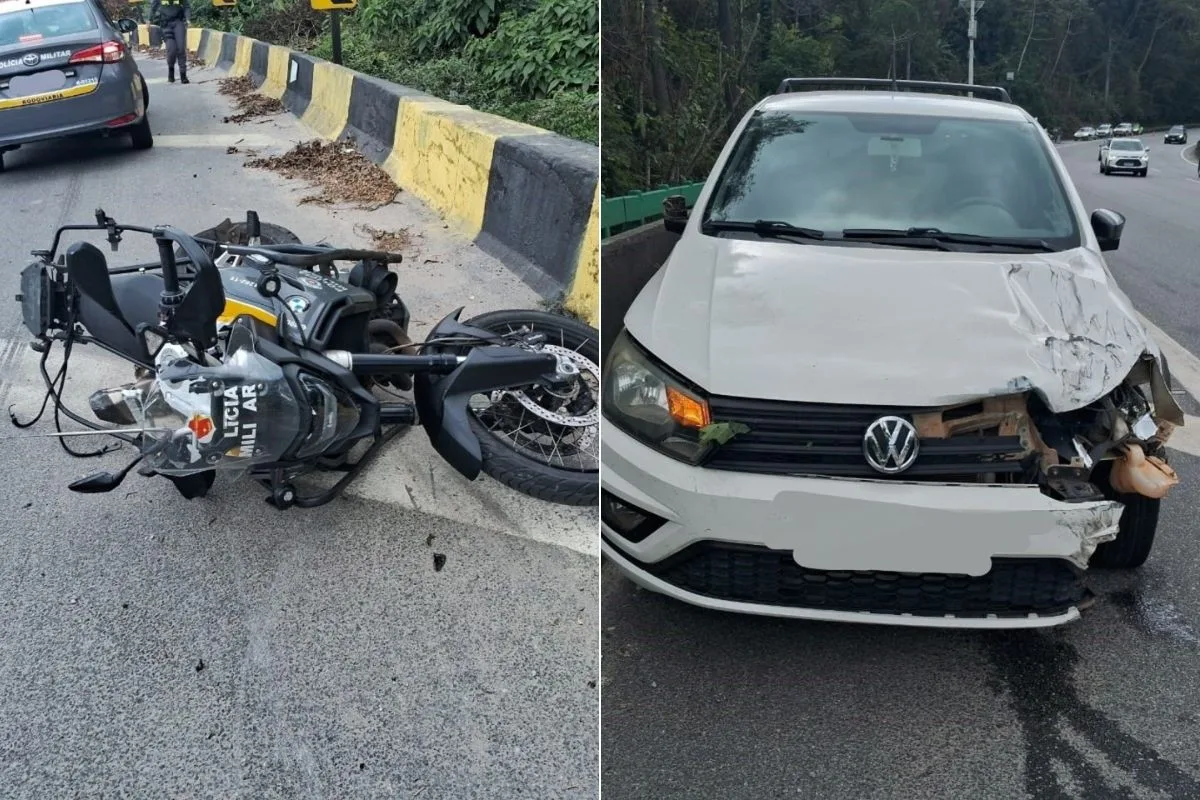 Carro atinge moto de PM após pneu estourar na rodovia Padre Manoel da Nóbrega, SP