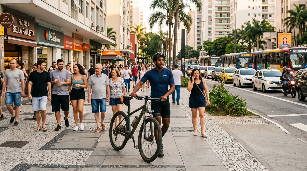 Ciclista sobe na calçada com a bicicleta para fugir do fluxo perigoso de carros na avenida, esbarra em pedestre e é advertido por infringir regra básica do Código de Trânsito
