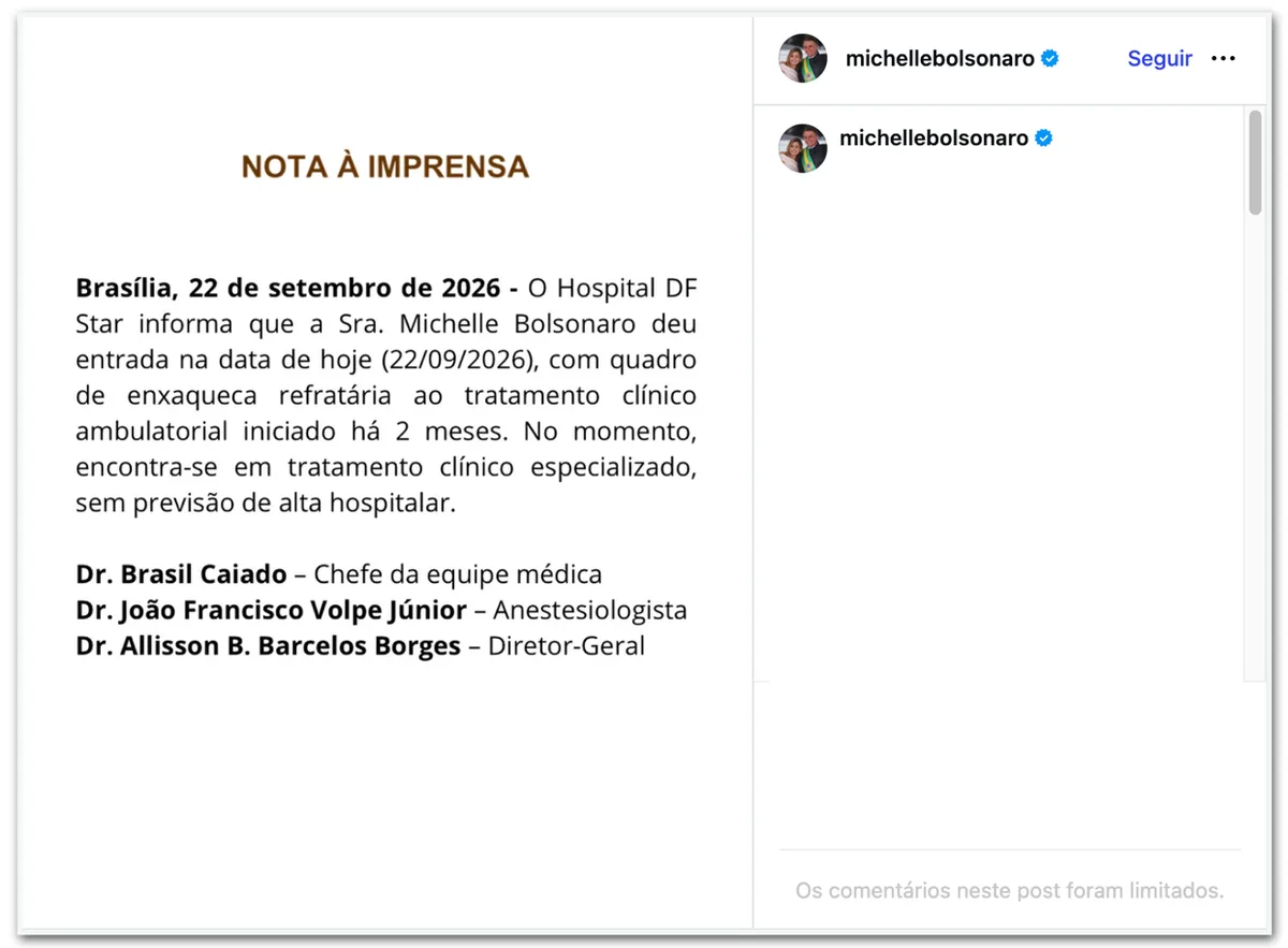 Michelle Bolsonaro é internada com quadro de enxaqueca