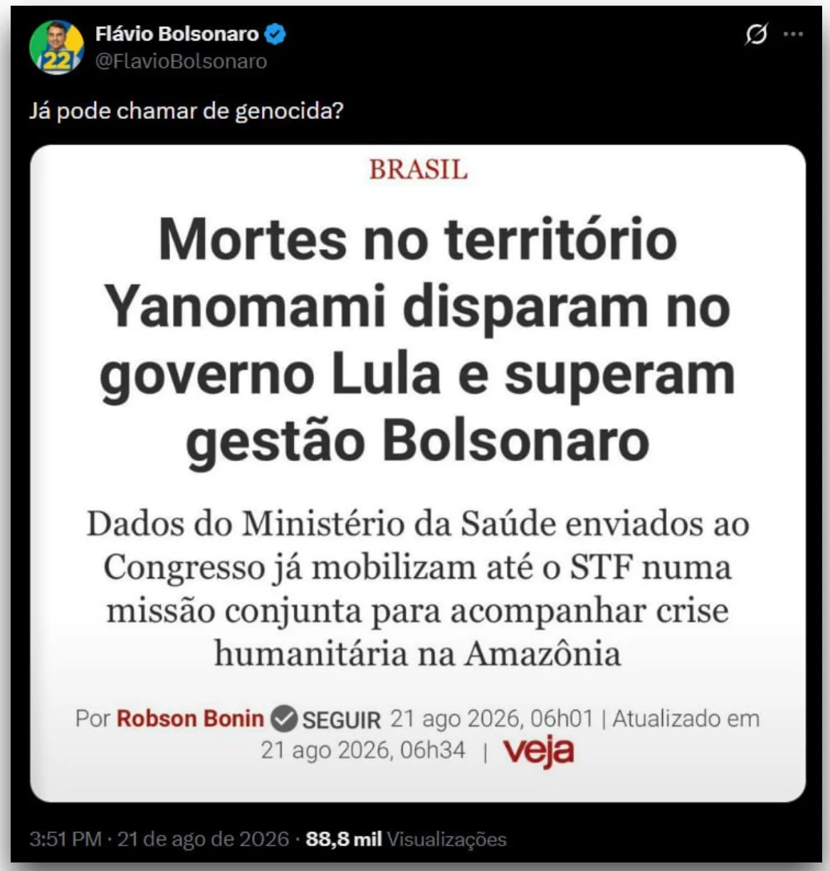 Flávio provoca Lula sobre yanomamis: “Já pode chamar de genocida?”