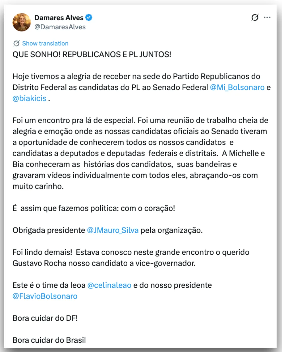 Damares e Michelle celebram união entre Republicanos e PL no DF