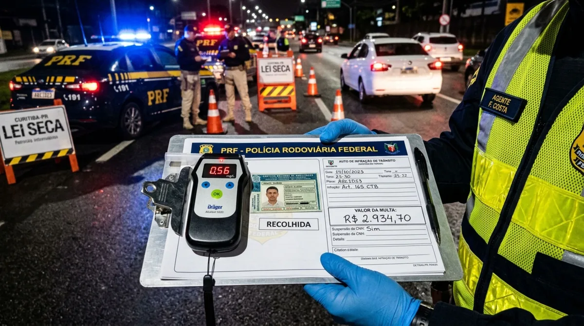 Motorista volta de confraternização, se recusa a fazer o bafômetro durante blitz e recebe multa multiplicada, além de suspensão da CNH por 12 meses