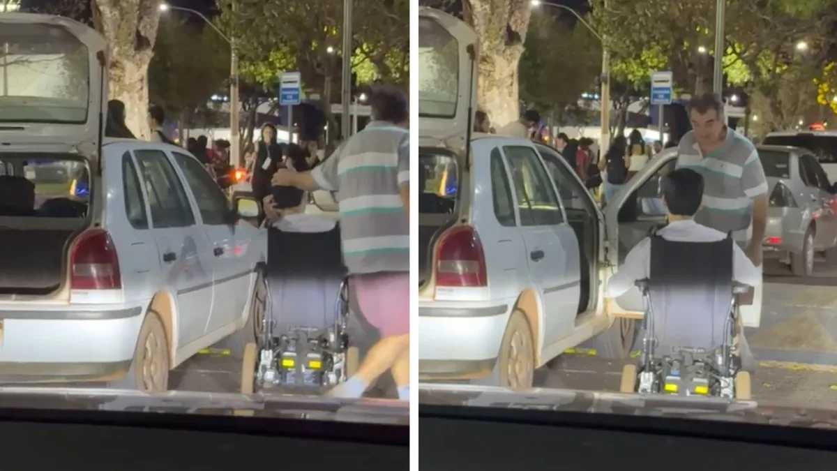 VÍDEO: Cuidado de pai buscando filho cadeirante na faculdade emociona em Goiás: 'Carinho tão grande'