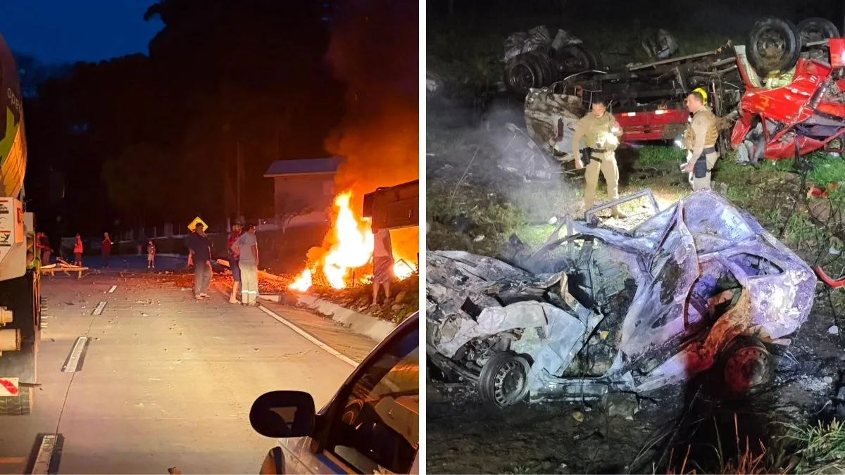 Tragédia na SC-305: quatro pessoas morrem em colisão frontal entre carro e caminhão seguida de incêndio no Oeste de SC
