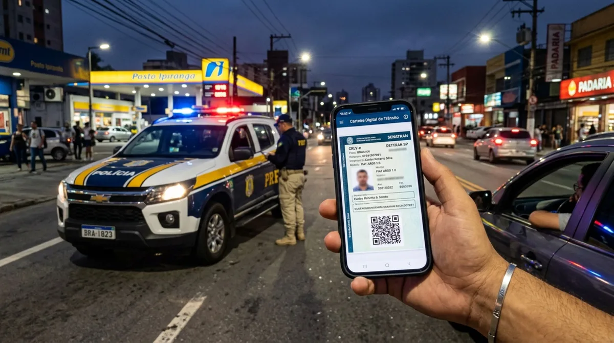 Motorista é parado em blitz de trânsito, agente pede o documento do carro e ele apresenta o CRLV Digital no celular, condutor diz que deixou a versão impressa em casa e é questionado durante a fiscalização