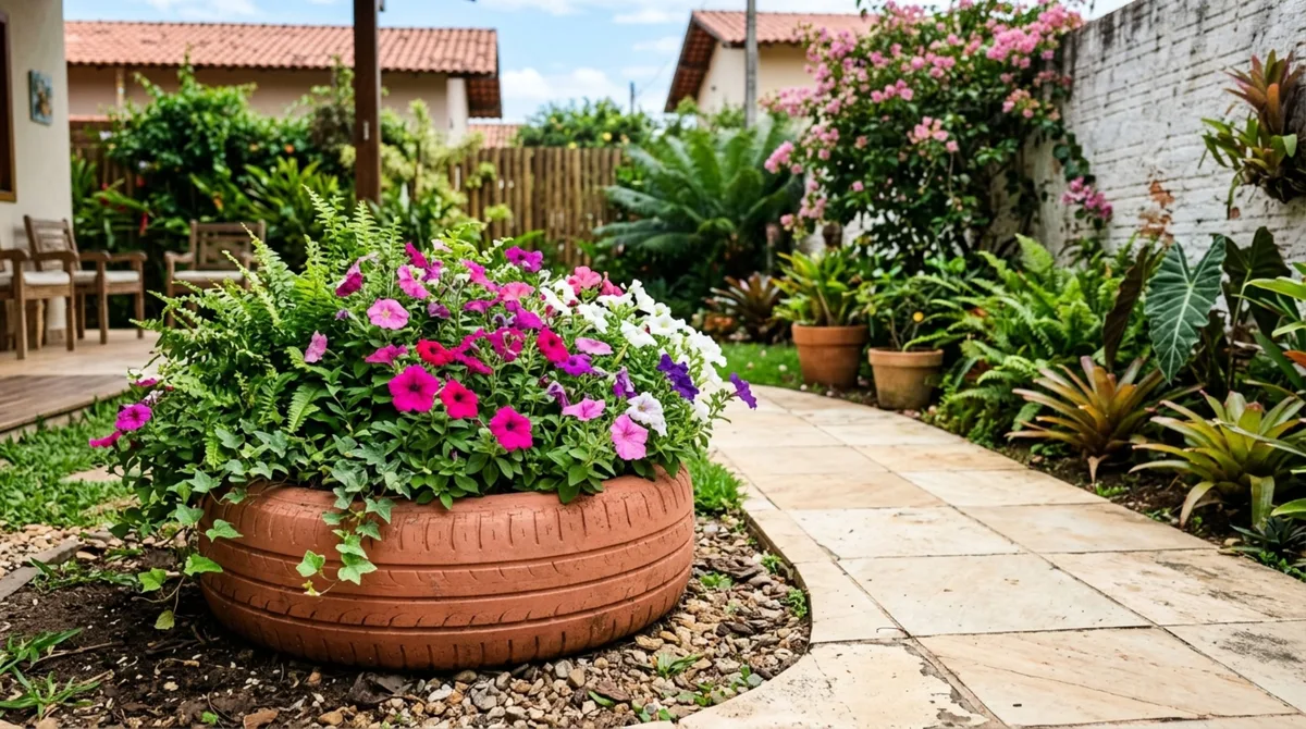 Como eu transformei pneus velhos em jardineiras com aparência de projeto de paisagismo