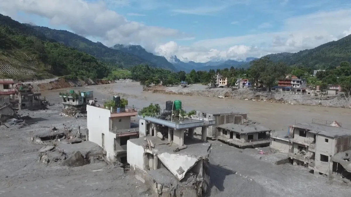 Drone video reveals flood devastation in Devighat, Nepal