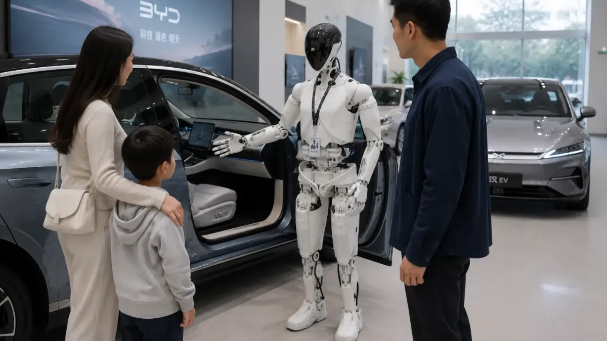 Robô da BYD já trabalha nas lojas: Xiao Di pode caminhar entre clientes, apresentar veículos e responder perguntas em um ambiente real onde robôs começam a assumir tarefas de atendimento antes restritas a funcionários