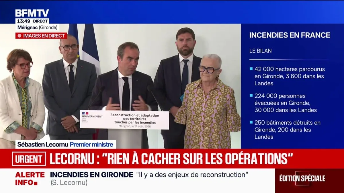 Incendies: les fonds d'accompagnement des collectivités locales pour les relogements d'urgence vont être augmentés, déclare Sébastien Lecornu, depuis Mérignac en Gironde