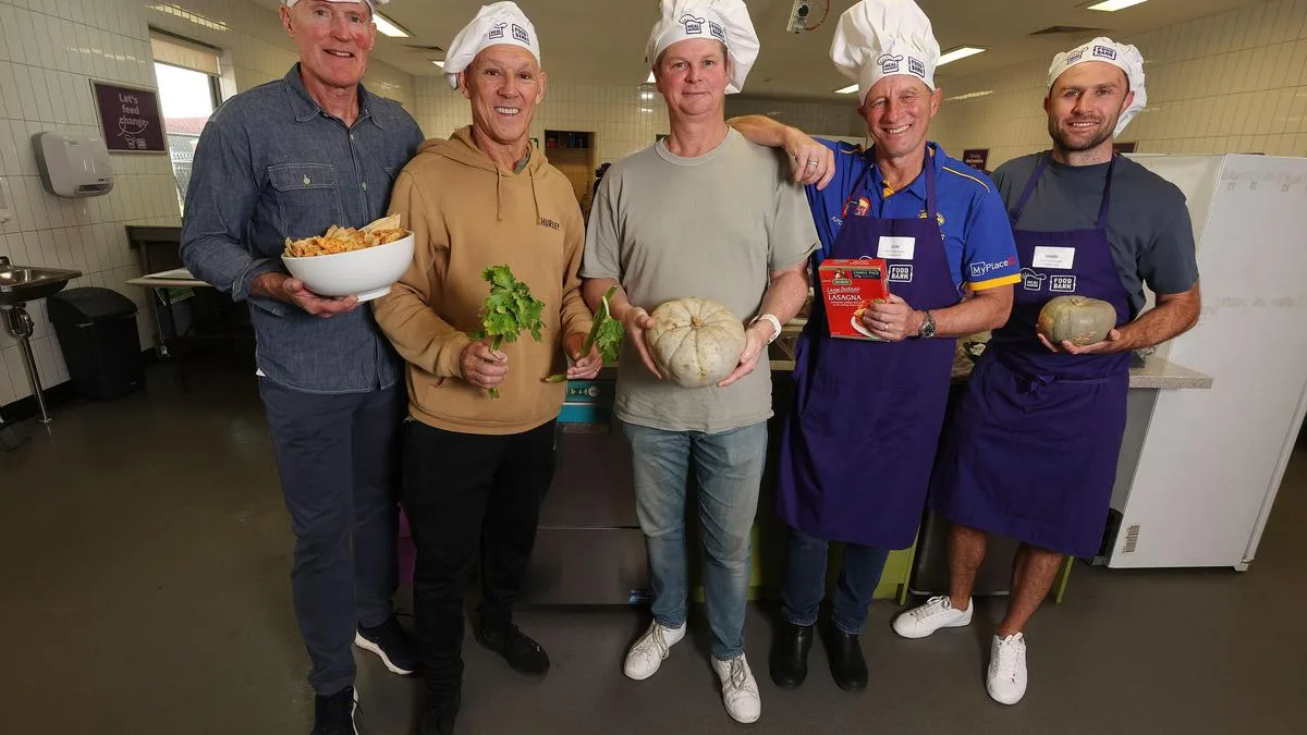 Former champion West Coast Eagles cook up a storm in Foodbank WA kitchen for Meal Makers fundraiser