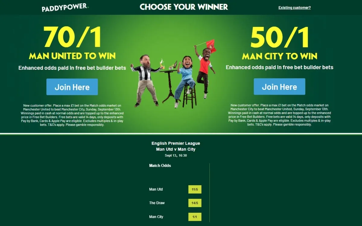 Paddy Power offer: Get 70/1 on Manchester United or 50/1 on Manchester City to win the derby