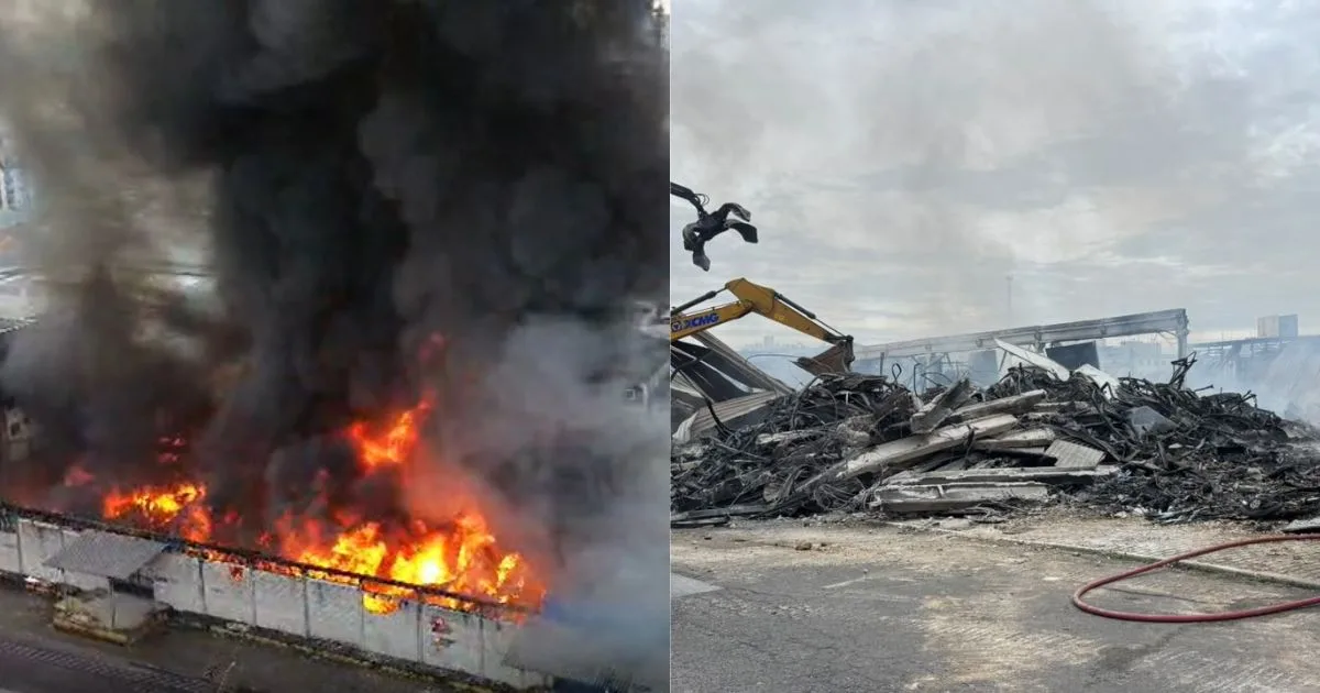 Após mais de 8 horas de combate ao fogo, imagens revelam cenário de destruição em galpão que foi consumido por incêndio de grandes proporções em SC