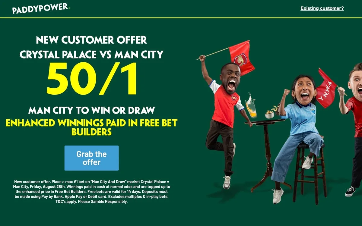 Paddy Power free bets: Get 50/1 on Man City to win or draw vs Palace