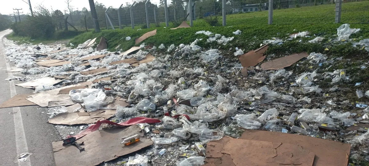 Carga de 1,8 mil garrafas de whisky tomba e é saqueada em rodovia de SC; VÍDEO