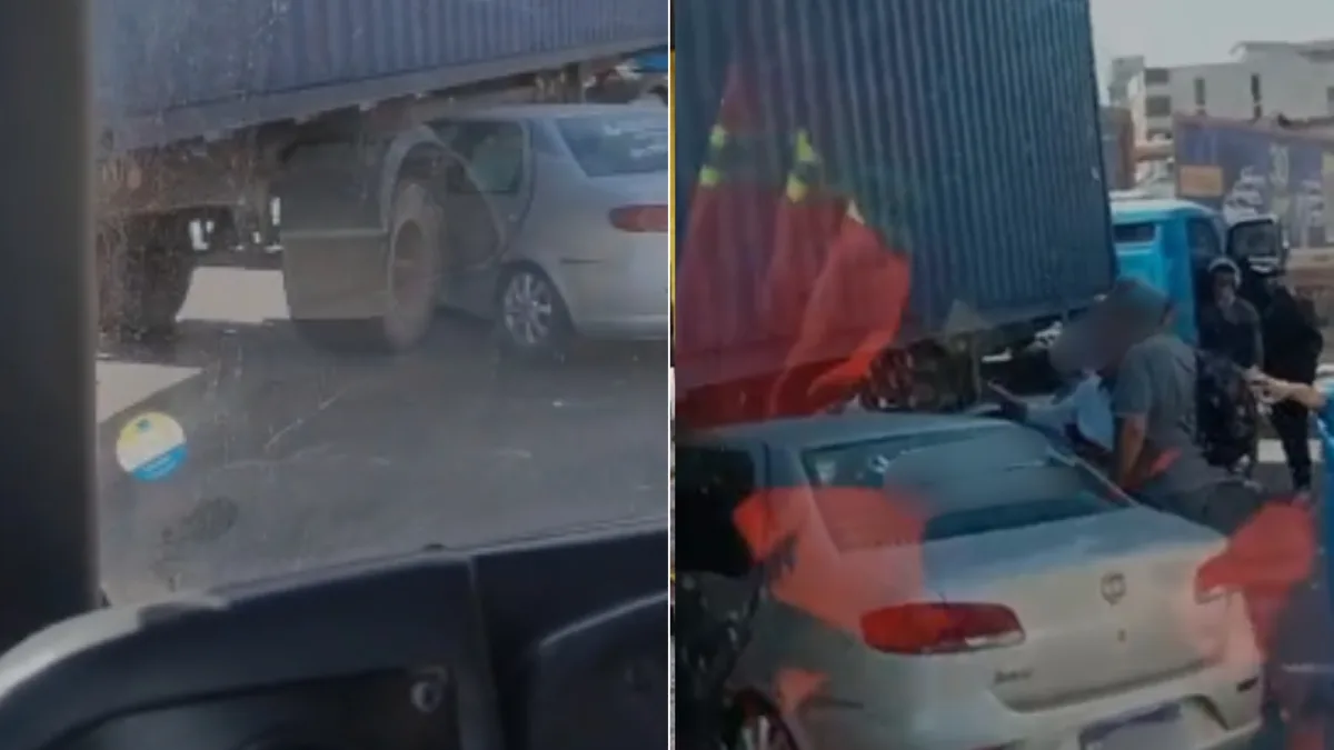 Carro vai parar debaixo de carreta com contêiner em Cariacica; vídeo