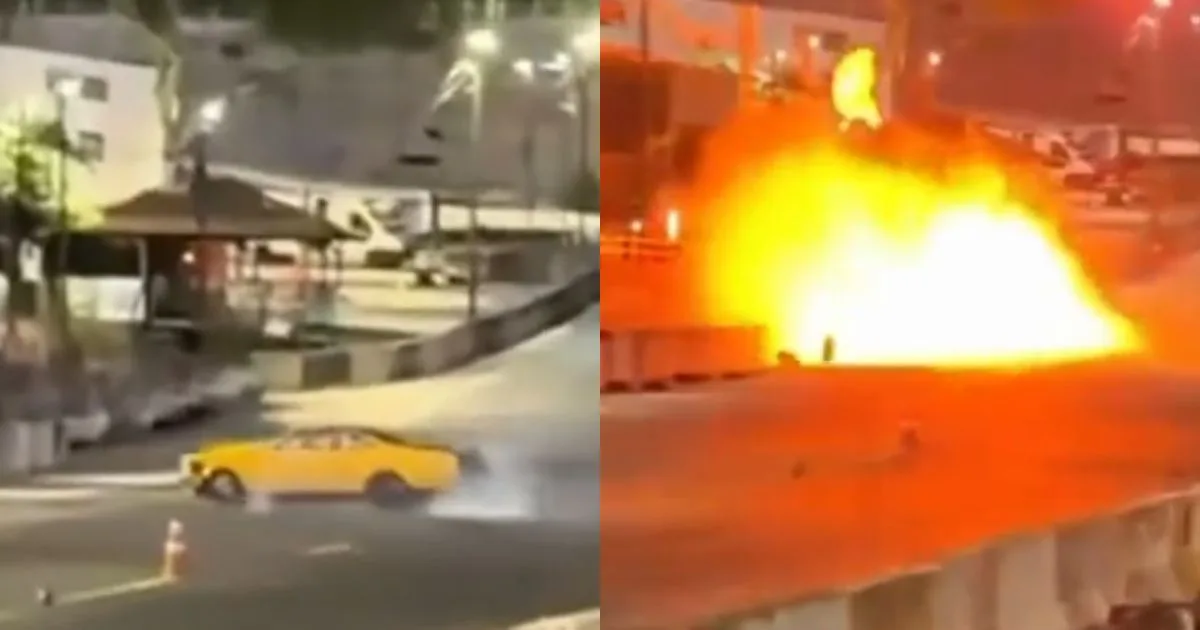 Carro explode após motorista perder o controle e rodar na pista durante prova de arrancada da Speedway em Balneário Camboriú