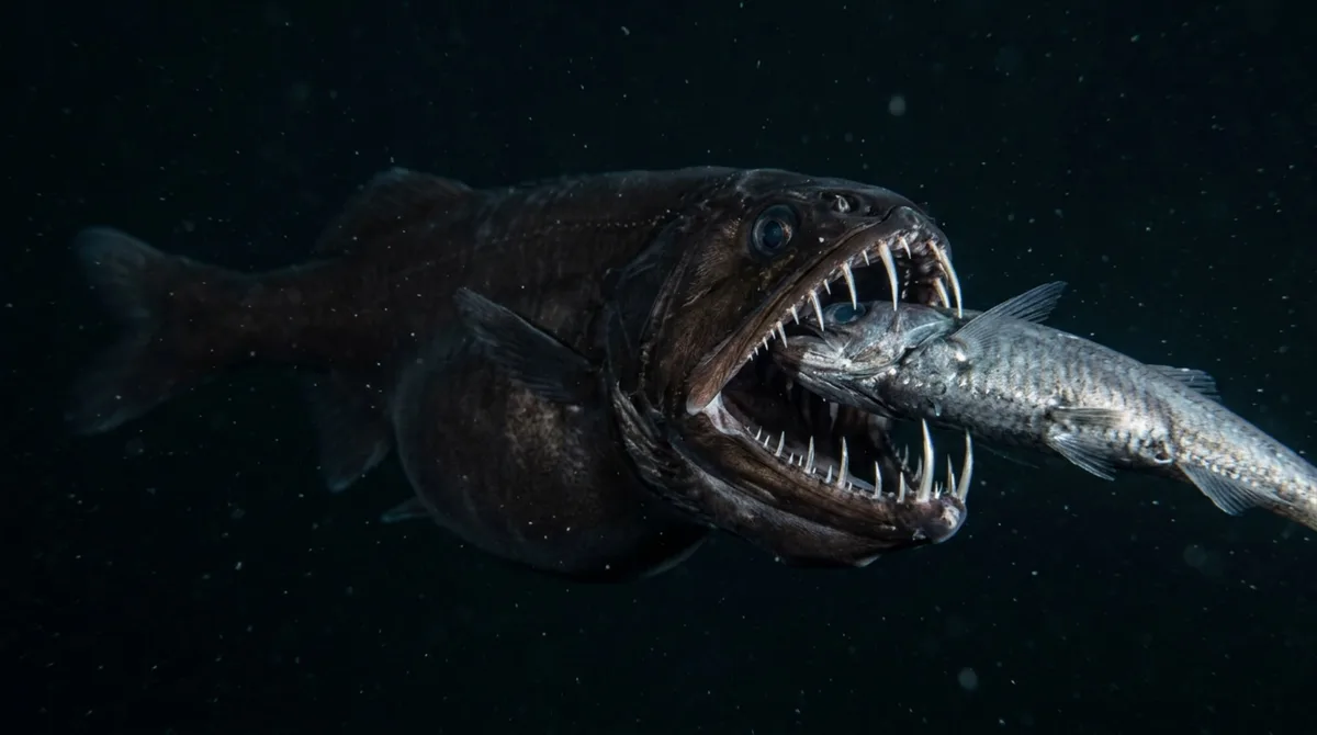 No fundo do oceano, um predador com dentes enormes pode engolir animais quase do próprio tamanho graças a uma mandíbula altamente móvel e a um estômago capaz de se expandir de maneira impressionante