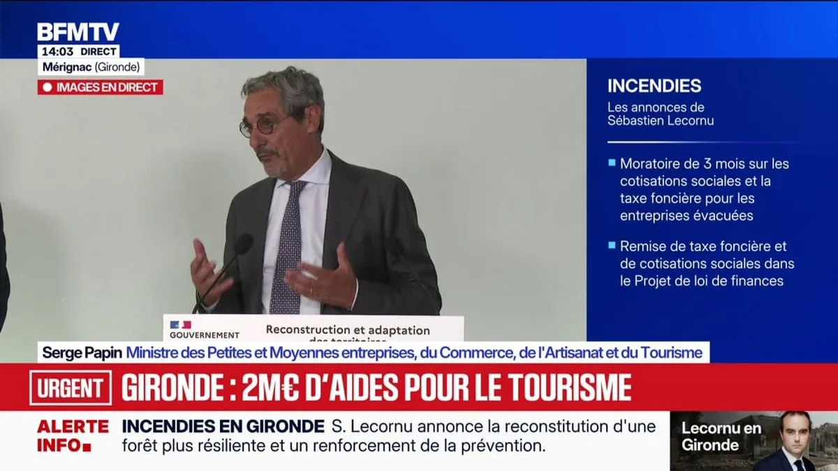 Incendies: "Nous allons constituer un plan de communication, avec une stratégie de communication Landes, Gironde, avec un budget de 2 millions d'euros", déclare Serge Papin, ministre du Tourisme