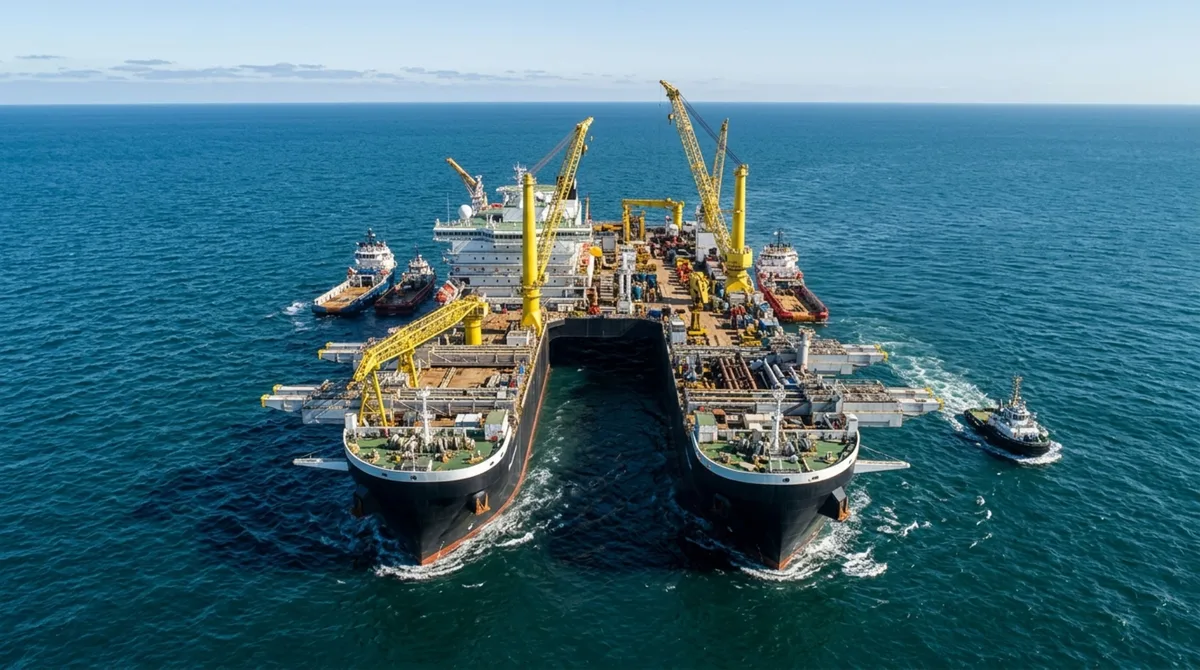 O navio colossal de 382 metros que possui uma enorme fenda no casco e instala tubulações no fundo do oceano