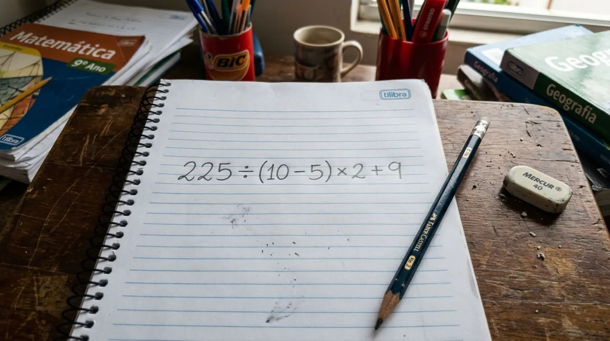 Sem usar lápis e papel, resolva a equação 225 ÷ (10 − 5) × 2 + 9 e descubra se você consegue acertar de primeira