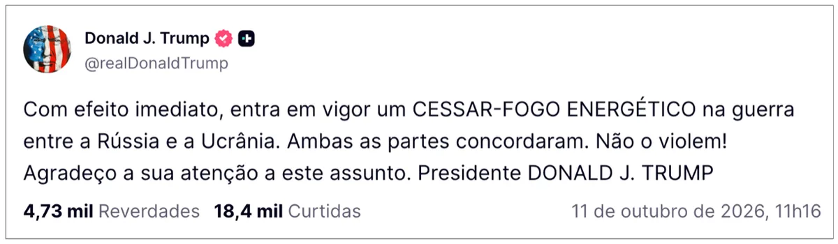 Ucrânia e Rússia concordaram com “cessar-fogo energético”, diz Trump