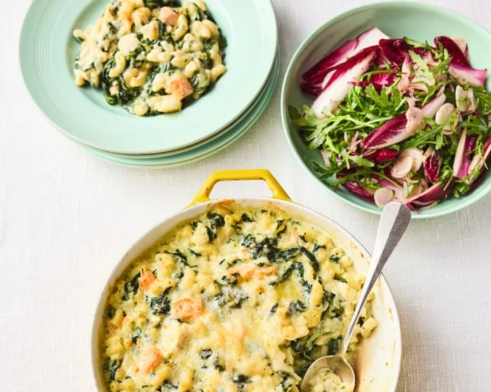 Jamie Oliver’s recipes for fish pie pasta bake and tomato and feta lentils