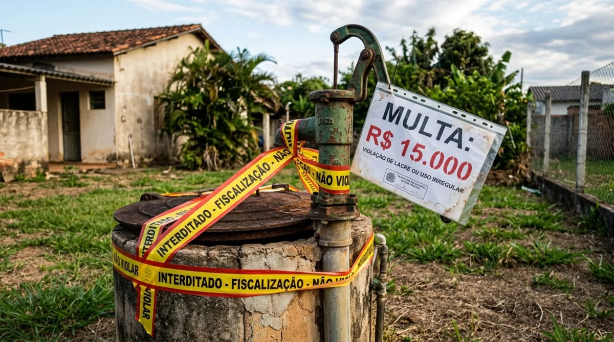 Casal de idosos utilizava poço artesiano por décadas para ter água de qualidade no terreno, fiscalização descobre, lacra o poço e multa o casal em R$ 15 mil