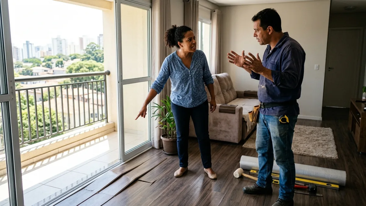 Família instala piso laminado sobre cerâmica antiga e meses depois algumas placas começam a levantar próximo à porta da varanda