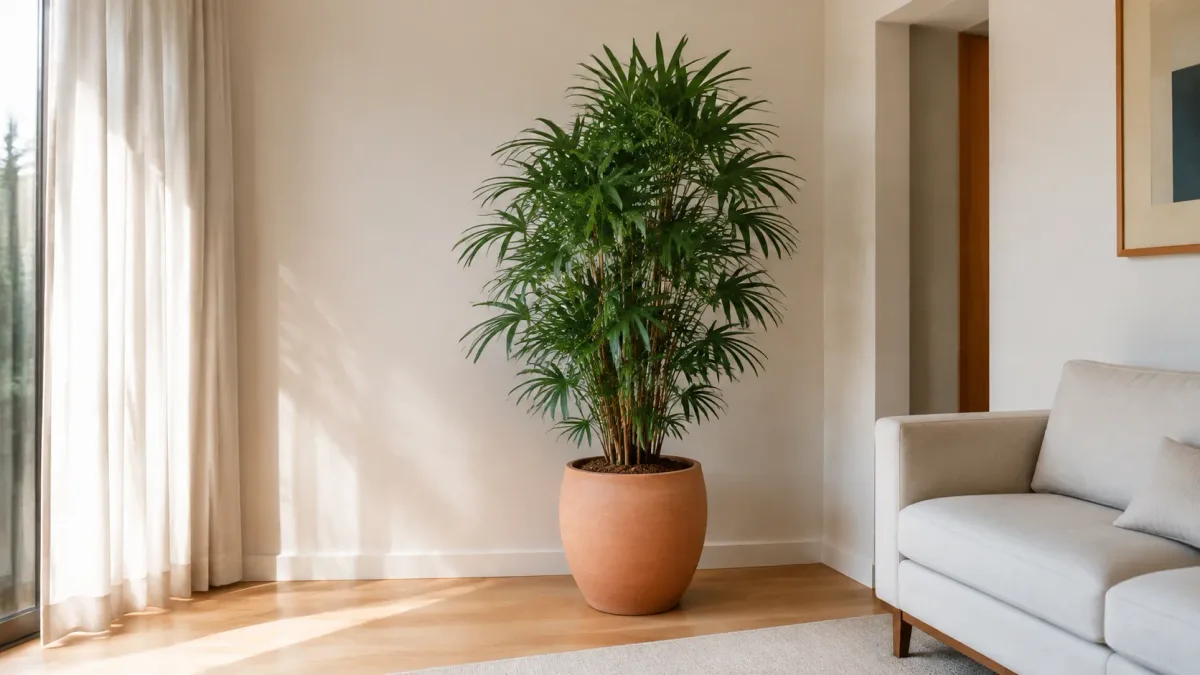 Palmeira-ráfis em vaso grande no canto da sala: como manter uma planta alta e volumosa sem transformar o espaço em uma pequena selva