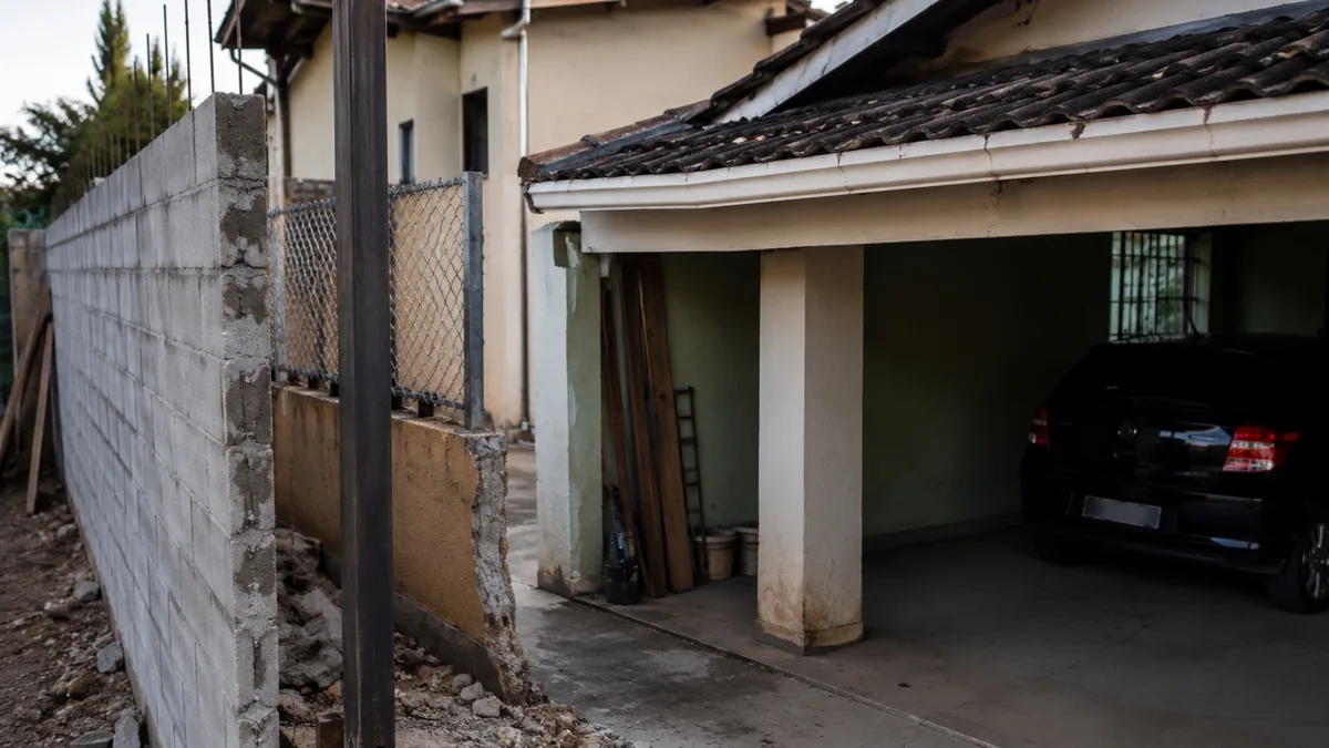 Pedreiro retira poste de ferro que parecia sustentar apenas uma cerca e cobertura da garagem vizinha começa a ceder sobre o carro